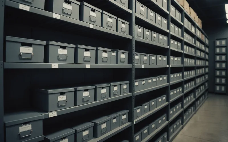 Large collection of due diligence document packages stacked on shelves